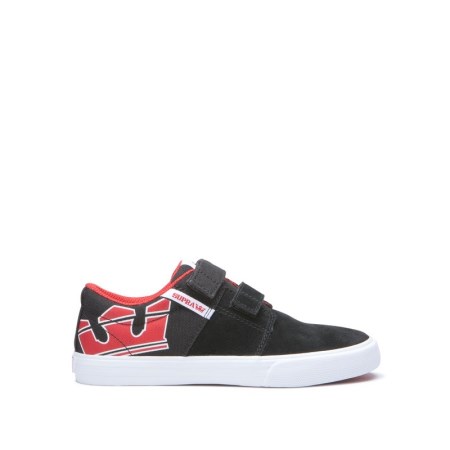 Supra Stacks II Vulc Velcro Kids Low Tops Shoes Black/Red UK 84EWL